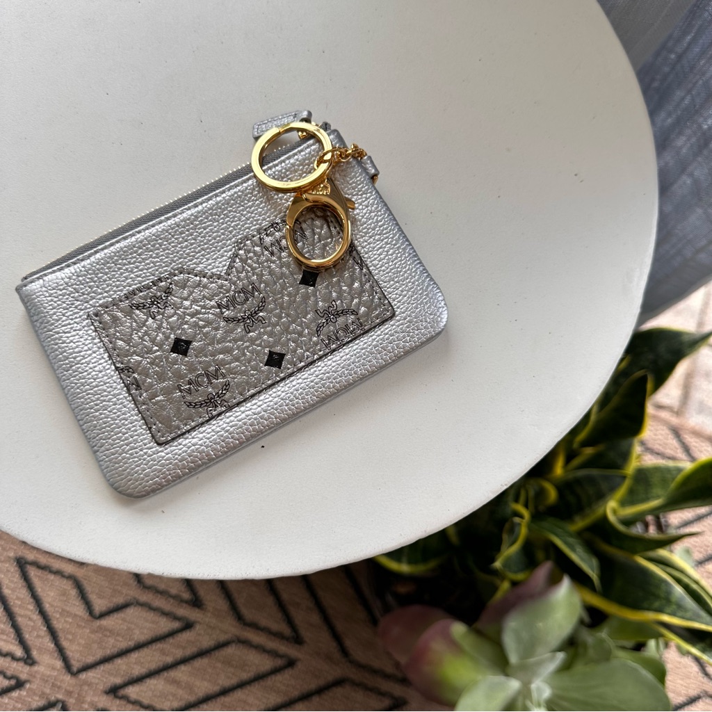 Mcm Metallic Silver Visetos Leather Key Pouch Brand New